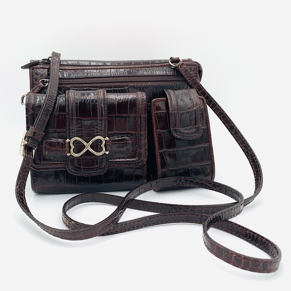 BRIGHTON✨Vintage Chestnut Croc Embossed Leather Organizer Crossbody - Picture 1 of 14